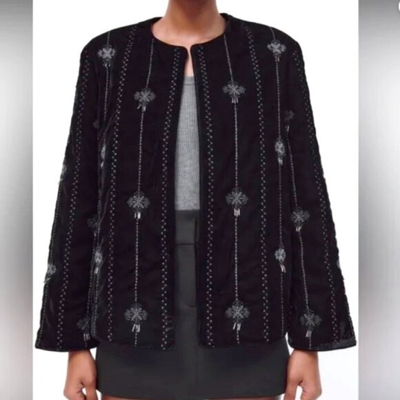Zara Black Velvet Silver Embroidered Beaded Open Front Jacket Size Small NWT - Picture 1 of 15